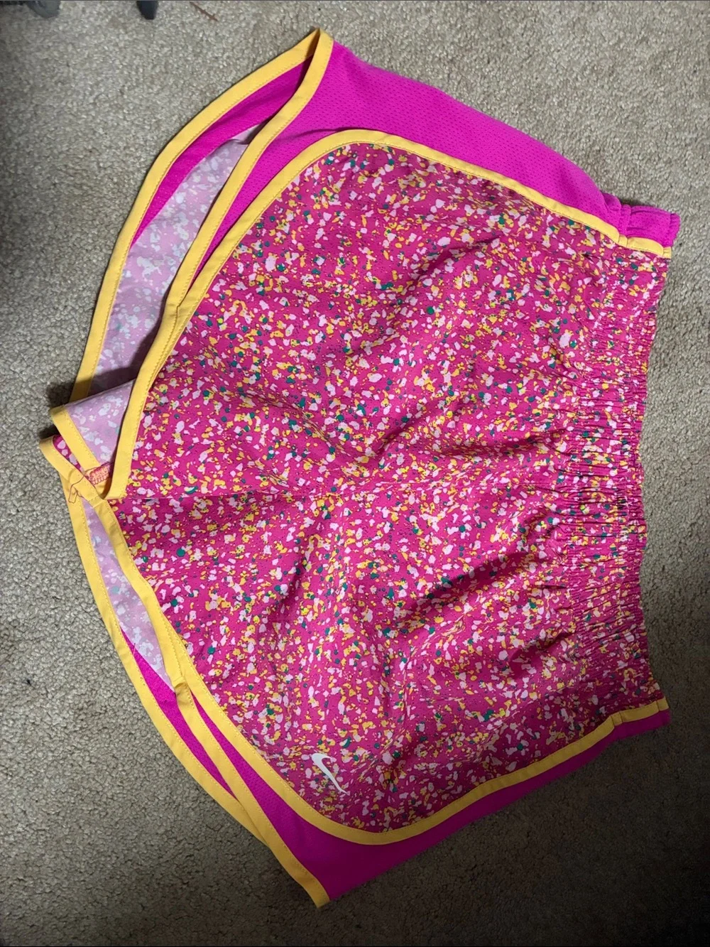 Nike Bright Pink Confetti Athletic Shorts with Yellow Trim